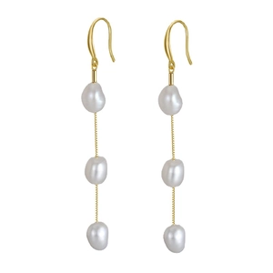 Elegant 925 silver drop earrings with natural white baroque pearls and golden chains