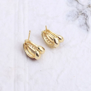 Vintage gold double-row C-shaped hoop earrings with brown glaze and zircon inlay
