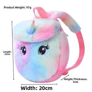 Close-up of rainbow plush unicorn backpack showing colorful faux fur and horn detail