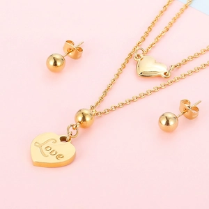 Collier Double Couche Pendentif Coeur Boucles D'oreilles Bouton Acier Inoxydable Gravé Love Mode Femmes