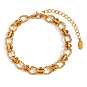 Elegant gold stainless steel oval link chain bracelet with double bead accents and clasp