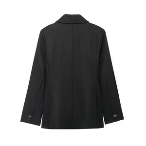 Back view of black wool blend long-sleeve double-breasted coat with twill texture