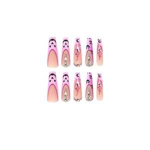 Pink French press-on nails with black flame moon patterns and rhinestones on white background