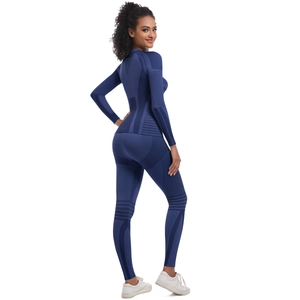 Detailed back view showing breathable texture and fit of navy seamless yoga compression set