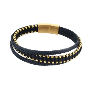 Multilayer black braided leather bracelet with gold metal beads and magnetic clasp