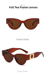 Front and side view of oval cat eye sunglasses with translucent tea-colored frame