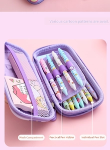 Detail view of purple EVA pencil case with mesh compartment and cartoon stationery set