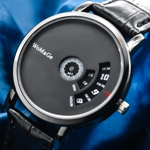 Detailed macro shot of the rotating disc dial on a minimalist black metal watch