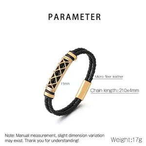 Detail showing dimensions of men double-layer leather bracelet with gold mesh magnetic clasp