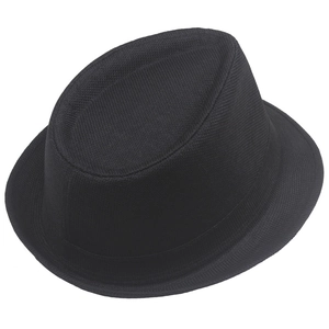 Classic black linen fedora hat with woven texture and grosgrain band at 45-degree angle