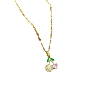 Titanium gold necklace with cherry pendant featuring pink gems and micro-pave crystals