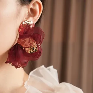 Elegant burgundy chiffon fabric flower earrings with gold irregular metal studs for women