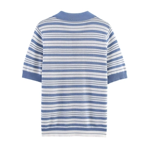 Blue and white striped knit short sleeve top with ribbed round neck in a flat lay view