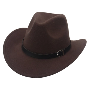 Detailed view of dark brown wool felt cowboy hat with black leather belt and silver buckle