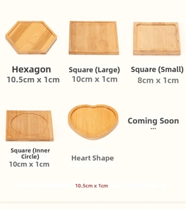Size chart for bamboo succulent plant saucers in hexagon, square and heart shapes