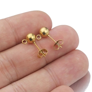 Polished gold plated bead stud earrings with jump ring for DIY jewelry making