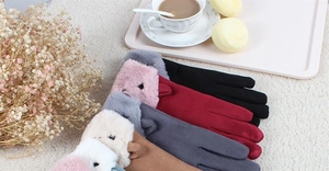 Collection of women's suede touch screen gloves in multiple colors with plush rabbit decor