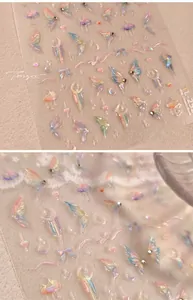 Macro detail of 3D embossed rainbow butterfly nail stickers with holographic effect TL-252