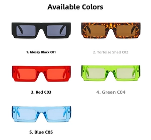 Detailed display of square sunglasses in black, tortoise, red, green, and blue colors
