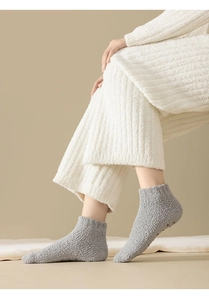 Close-up of grey coral fleece floor socks with anti-slip silicone dots for home comfort
