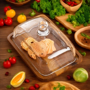 Acacia Wood Butter Dish With Glass Lid Rectangular Cheese Tray Dustproof Dessert Cake Server For Kitchen Dining Modern Style