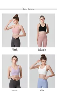 Detailed grid view showing pink, black, purple, and white sports bras for yoga