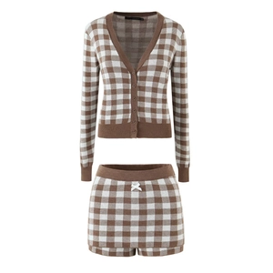 Checkered Knit Cardigan And Shorts V Neck Long Sleeve Button Up Brown White Casual Streetwear Women