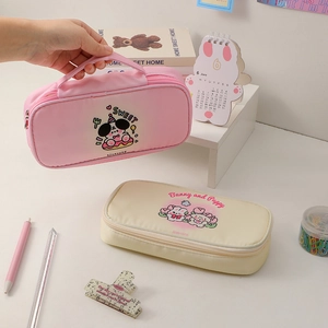 Cute high-capacity pencil case with cartoon bunny puppy prints and portable handle