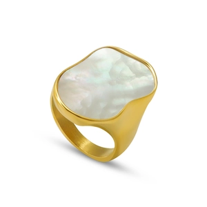 French style 18K gold plated titanium ring with irregular white seashell stone center