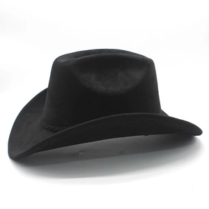 Detail of black suede western cowboy hat with a woven band on a minimalist wide brim