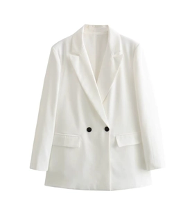 Detailed view of white double-breasted blazer with classic notched lapels and black buttons