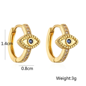 Detailed size chart for gold-plated evil eye hoop earrings measuring 1.4cm by 0.8cm