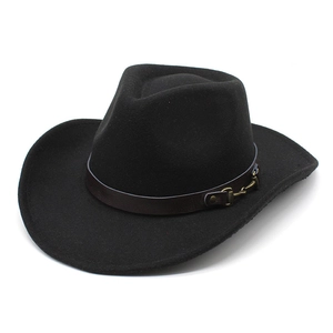 Classic black wool felt cowboy hat with brown leather band and golden horsebit buckle decoration