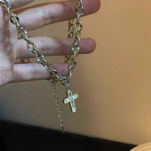 Double-layered silver and gold titanium cross necklace for men with hip-hop style design
