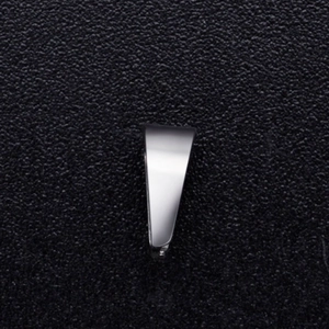 Polished silver stainless steel pendant bail connector on a black textured background