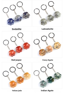 Detail view of cat paw natural stone keychains in six different crystal materials