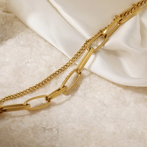 18K gold plated stainless steel double layer chain bracelet with geometric links