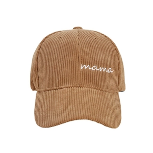 Brown corduroy baseball cap for women with white mama embroidery in street style