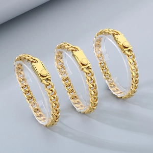 Three golden stainless steel Miami Cuban bracelets with unique gear textured square clasps
