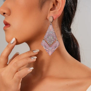 Ethnic wood and fabric geometric drop earrings set with pink and blue patterns