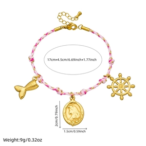 Bracelet bohème tressé rose avec breloques queue de sirène et gouvernail, 17+4.5cm