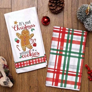 Christmas kitchen tea towel set with gingerbread man print and festive plaid patterns