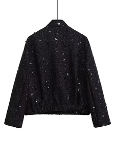 Detailed back view of a black sequined jacket with high-quality tweed-like fabric texture