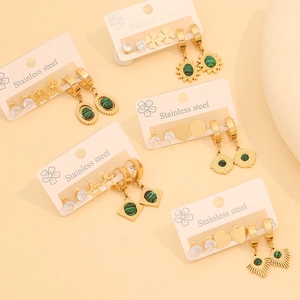 Vintage Stainless Steel Earrings With Faux Malachite And Zircon Gold Plated Heart Flower Sun Butterfly Jewelry For Women