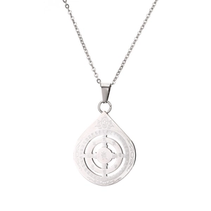 Detailed close-up of water drop lotus pendant with engraved Sanskrit in silver steel
