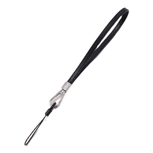 Universal black PU leather phone wrist strap with silver metal buckle on white background