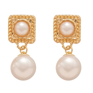 French vintage geometric square faux pearl drop earrings in elegant gold finish