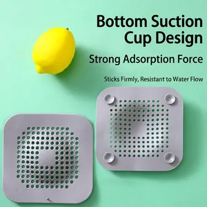 Square grey silicone drain hair catcher with suction cups for bathroom and kitchen sinks
