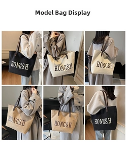 Collage of model carrying large canvas tote bags in black, beige, and khaki with lettering