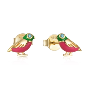 Detail of s925 silver bird earrings with colorful enamel inlay and blue gem eyes